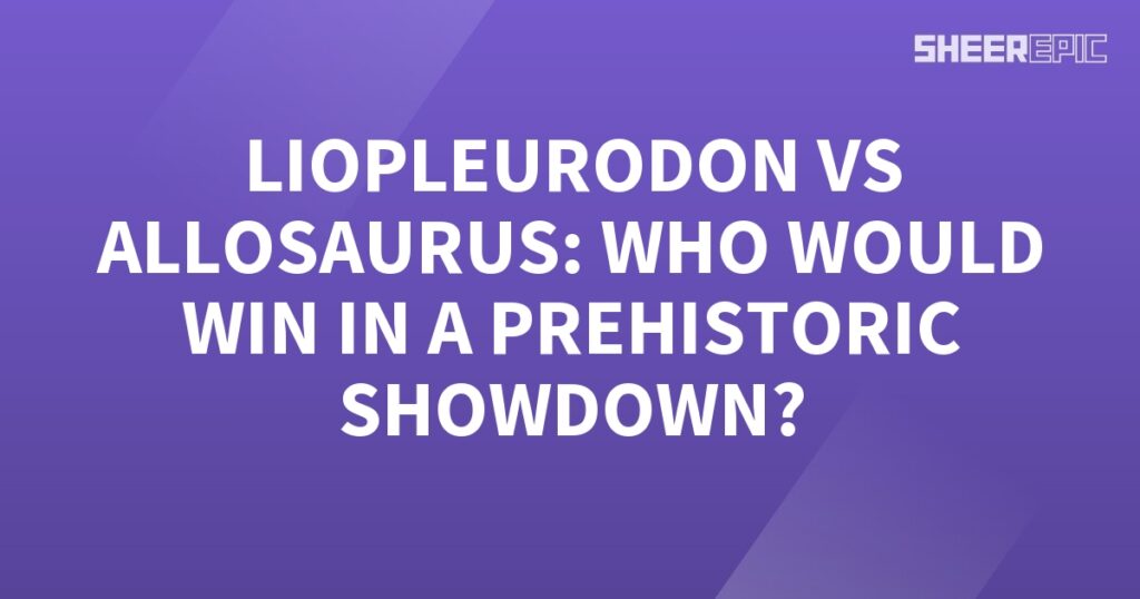 A prehistoric showdown between the powerful Allosaurus and the formidable Liopleurodon displayed on a purple background.