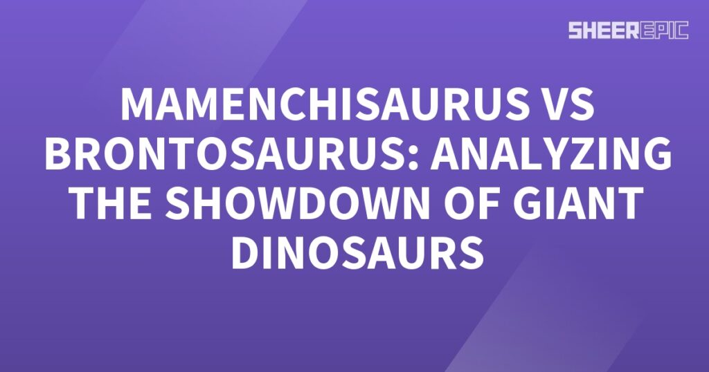 A purple background analyzing the showdown of giant dinosaurs Mamenchisaurus vs Brontosaurus.