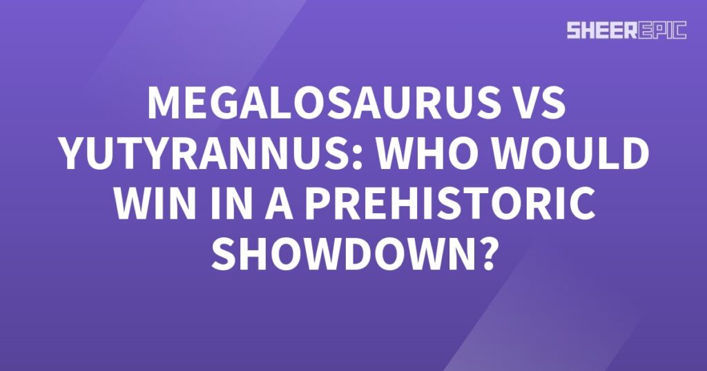 A Megalosaurus engaging in a Prehistoric Showdown on a purple background with white text.