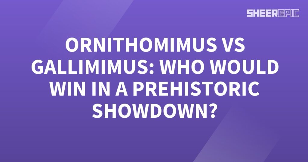 A purple background with the words orionimus vs gallimus, a Prehistoric Showdown between two mighty dinosaurs - Orionimus and Gallimus. Who would win?