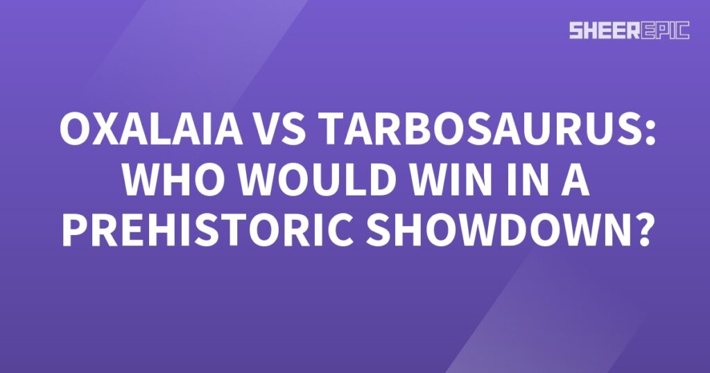 A prehistoric showdown: Oxalaia vs. Tarbosaurus! A purple background featuring the question of who would win?