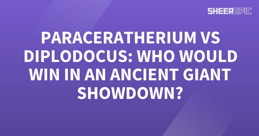 A Paraceratherium vs Diplodocus ancient giant showdown on a purple background