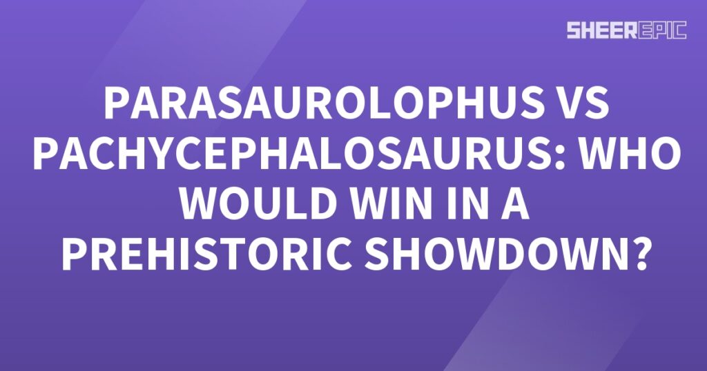 A purple background with white text featuring a prehistoric showdown between the Pachycephalosaurus and Parasaurolophus.