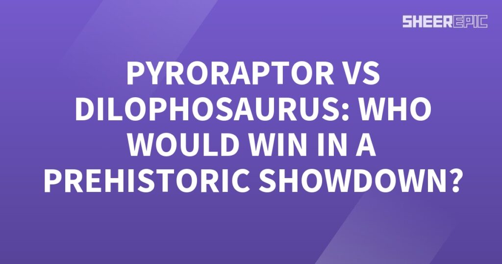 An intense prehistoric showdown between a Dilophosaurus and Pyroraptor unfolds against a vibrant purple backdrop.