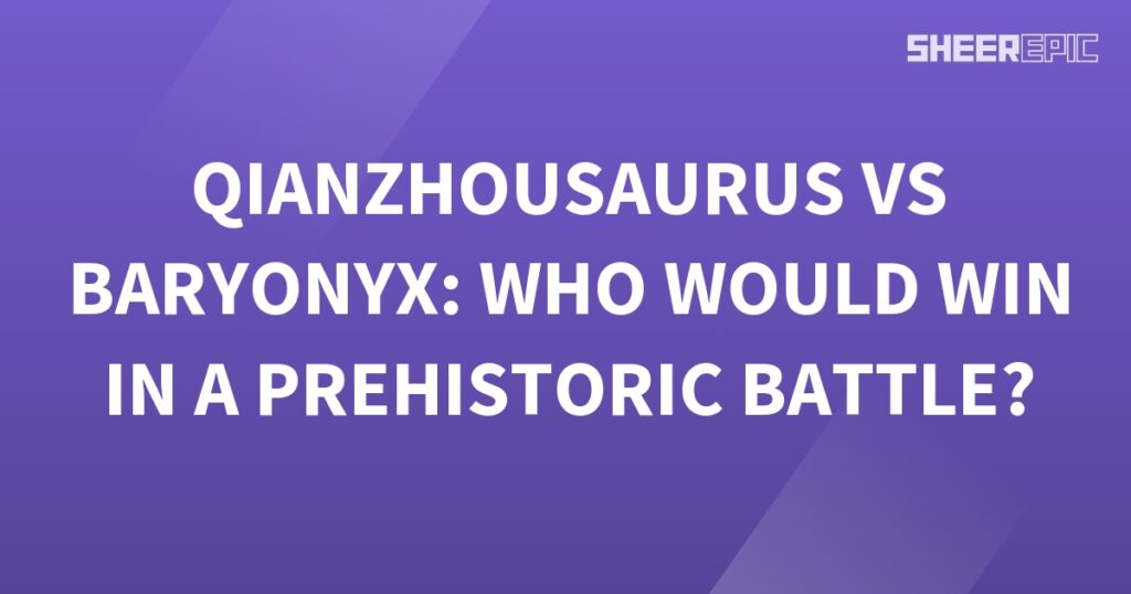 A purple background with white text featuring a Qianzhousaurus in a prehistoric battle.