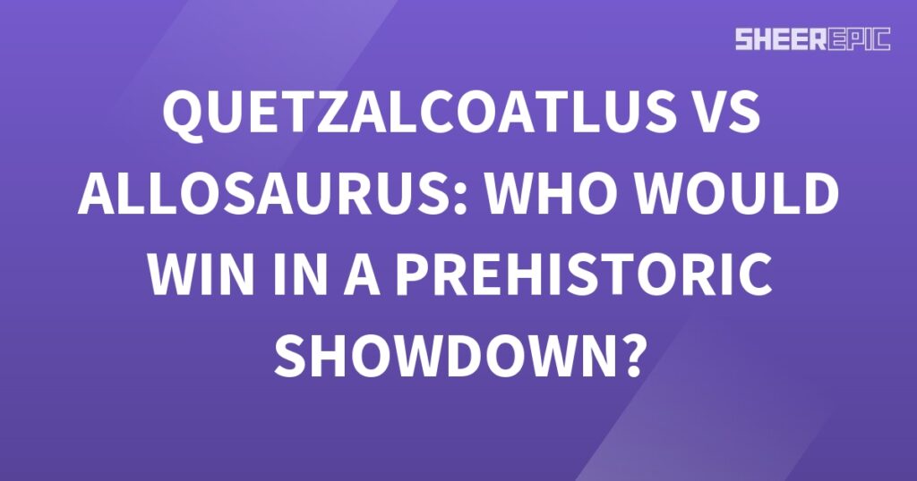 A purple background with the words Allosaurus vs Quetzalcoatlus who would win in a prehistoric showdown.