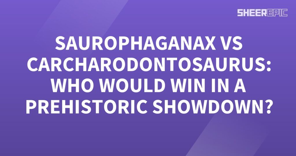 A purple background with white text featuring a Prehistoric Showdown between Carcharodontosaurus and Saurophaganax.