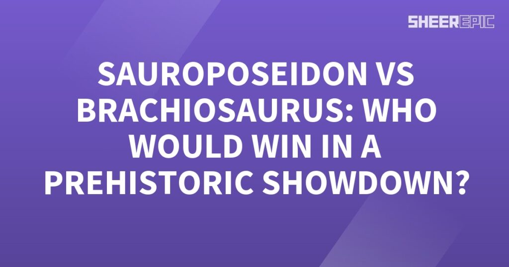 A prehistoric showdown between Sauroposeidon and Brachiosaurus on a purple background.