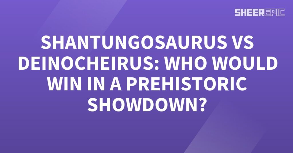 A prehistoric showdown between Shantungosaurus and Deinocheirus on a purple background.