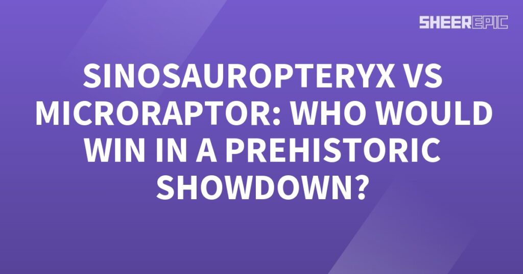 A purple background with the words Sinosauropteryx vs Microraptor, who would win in a prehistoric showdown.