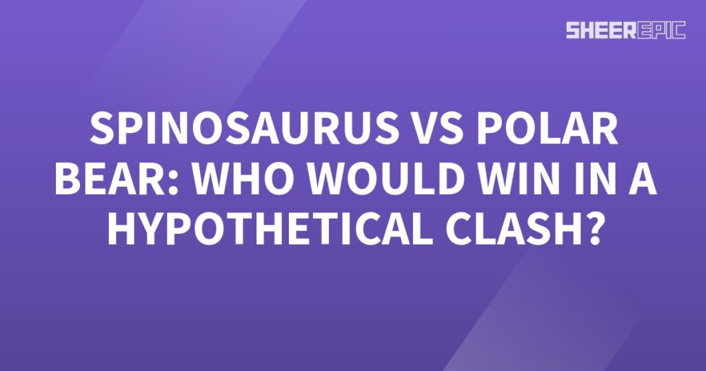 A purple background featuring a hypothetical clash between the Spinosaurus and the Polar Bear.