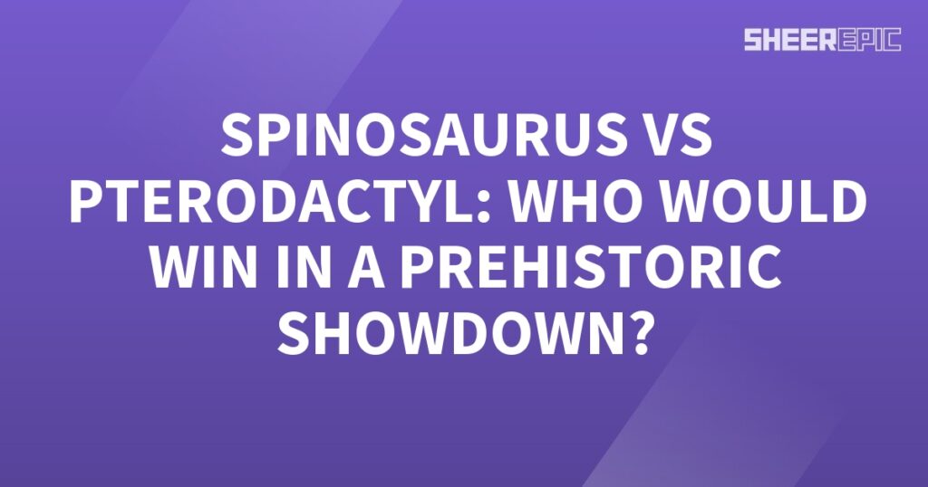 A prehistoric showdown between the Spinosaurus and Pterodactyl, with a purple background highlighting the intense battle.