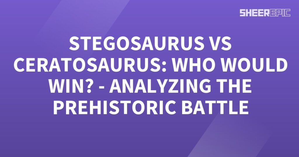 A purple background with white text showcasing a prehistoric battle between Ceratosaurus and Stegosaurus.