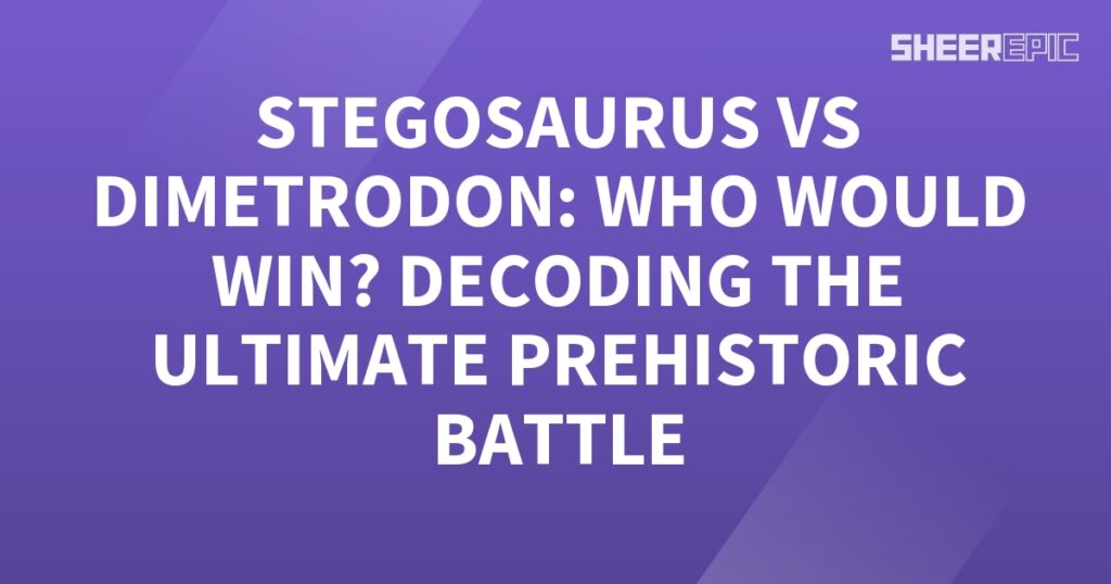 A purple background with the words stegosaurus vs dimetrodon who would win the ultimate prehistoric battle?