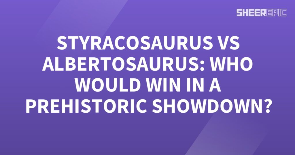 A Prehistoric Showdown between Albertosaurus and Styracosaurus on a purple background.