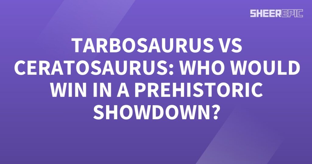 A Tarbosaurus vs Ceratosaurus in a Prehistoric Showdown on a purple background.