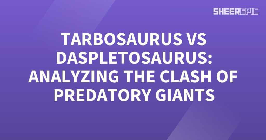 A purple background showcasing the clash between predatory giants, Tarbosaurus and Daspletosaurus.