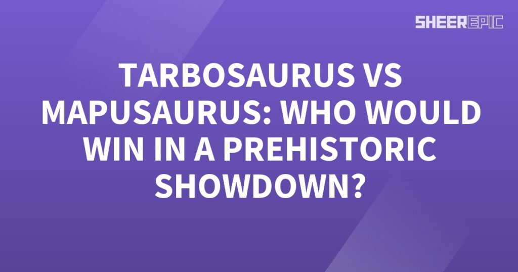 A prehistoric showdown between Tabosaurs and Mapusaurus on a purple background.