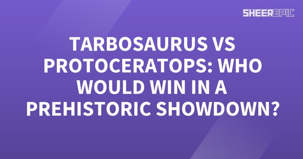 A Tarbosaurus vs Protoceratops prehistoric showdown on a purple background.