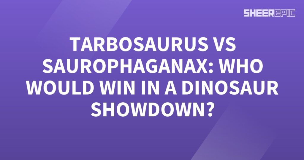 A purple background featuring a dinosaur showdown between Tarbosaurus and Saurophaganax.