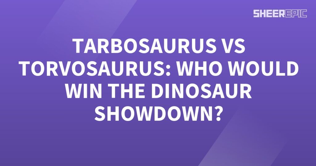 A purple background featuring a dinosaur showdown between Tarbosaurus and Torvosaurus - who would emerge victorious in this epic clash?