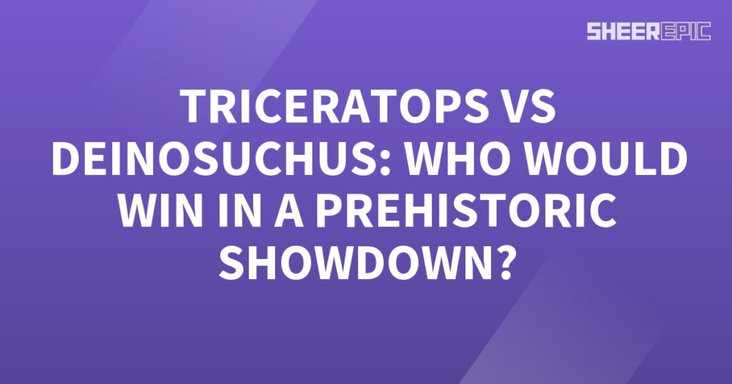 A prehistoric showdown between a triceratops and denoscius is depicted on a purple background.