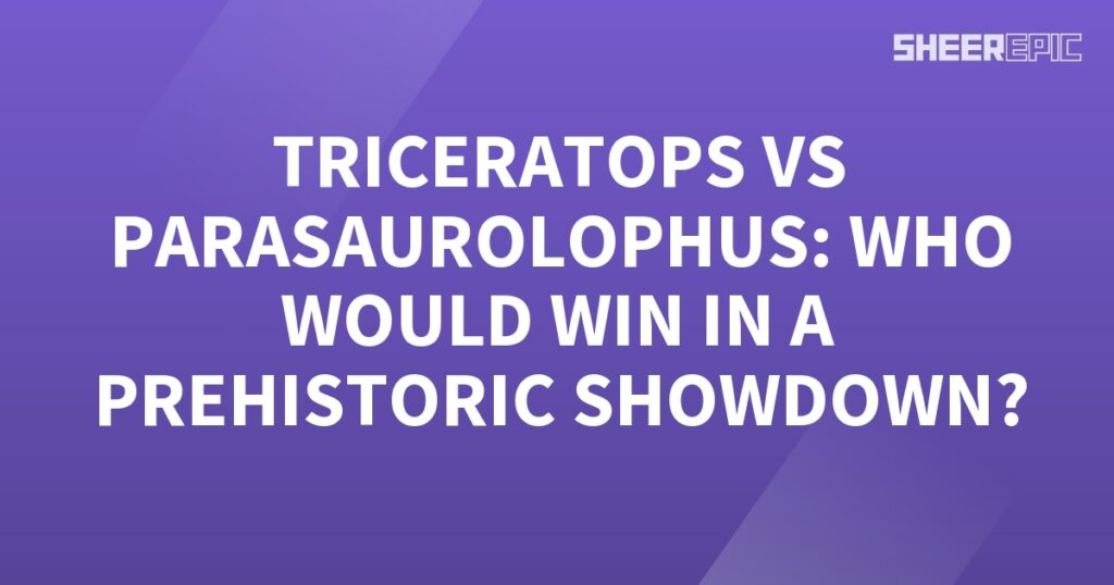 A purple background with the words Prehistoric Showdown, featuring a triceratops and parasaurolophus - who would win?