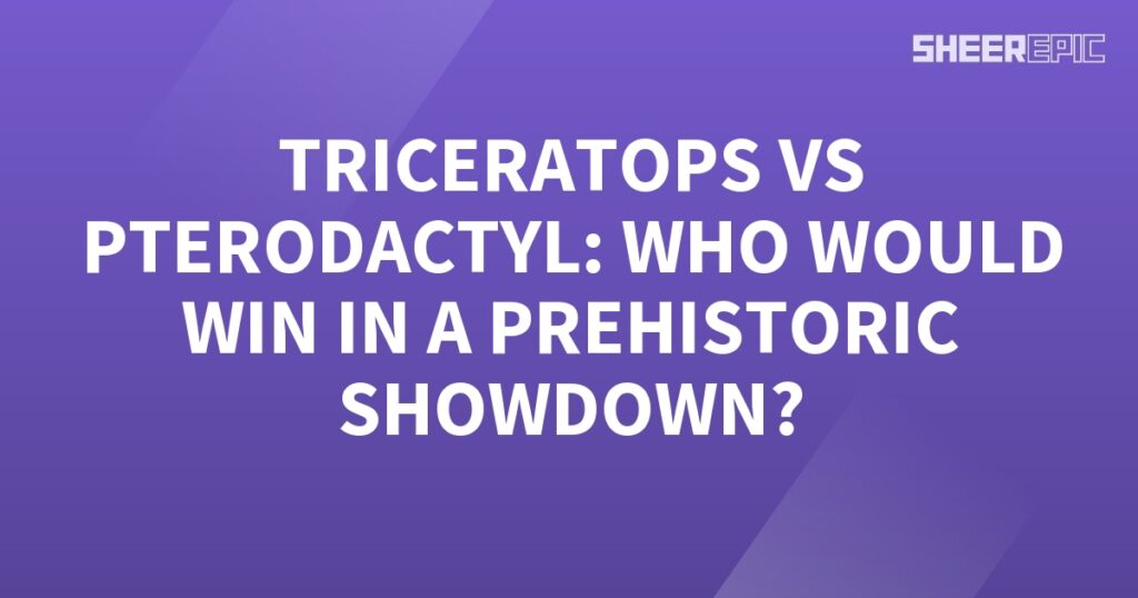 A prehistoric showdown between a Triceratops and a Pterodactyl on a purple background.