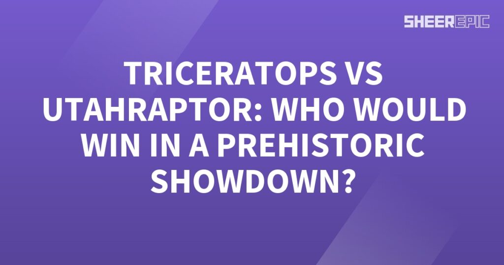 A purple background featuring a prehistoric showdown between the Triceratops and Utahraptor - Who would emerge victorious in this ultimate confrontation?