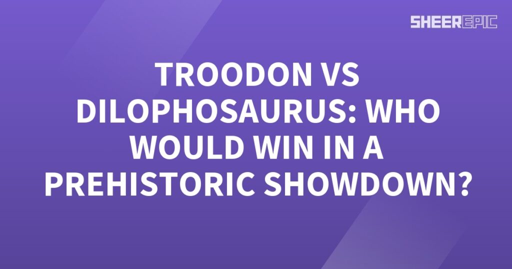 A purple background showcasing a thrilling prehistoric showdown between the intelligent Troodon and formidable Dilophosaurus, depicted through striking white text.