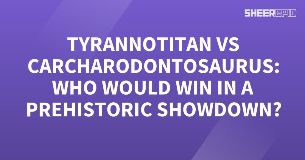 In a prehistoric showdown, witness the battle between Tyrontian and Caradontosaurus on a stunning purple backdrop. Who will reign supreme in this epic clash of prehistoric giants?