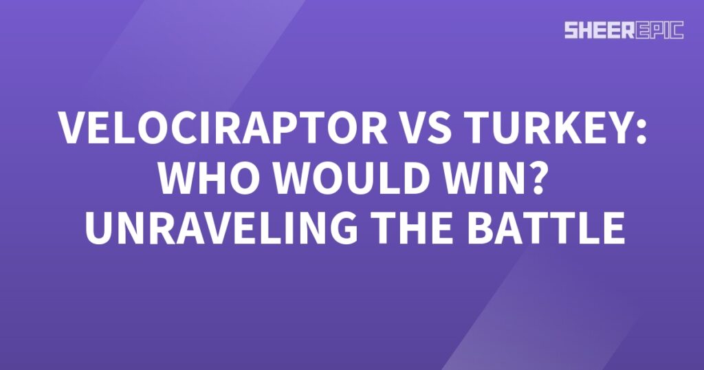 A purple background with the words unravelling the battle between Velociraptor and turkey.