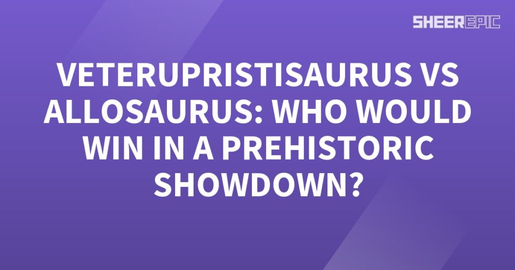 A Prehistoric Showdown between Veterupristisaurus and Allosaurus on a purple background.