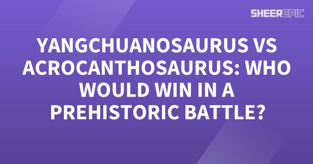 A prehistoric battle between Yangchuanosaurus and Acrocanthosaurus with a purple background.