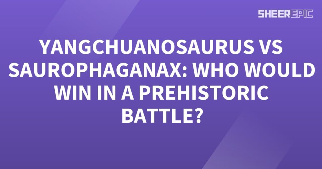 A purple background with the words yangasaurus vs Saurophaganax who would win a prehistoric battle?