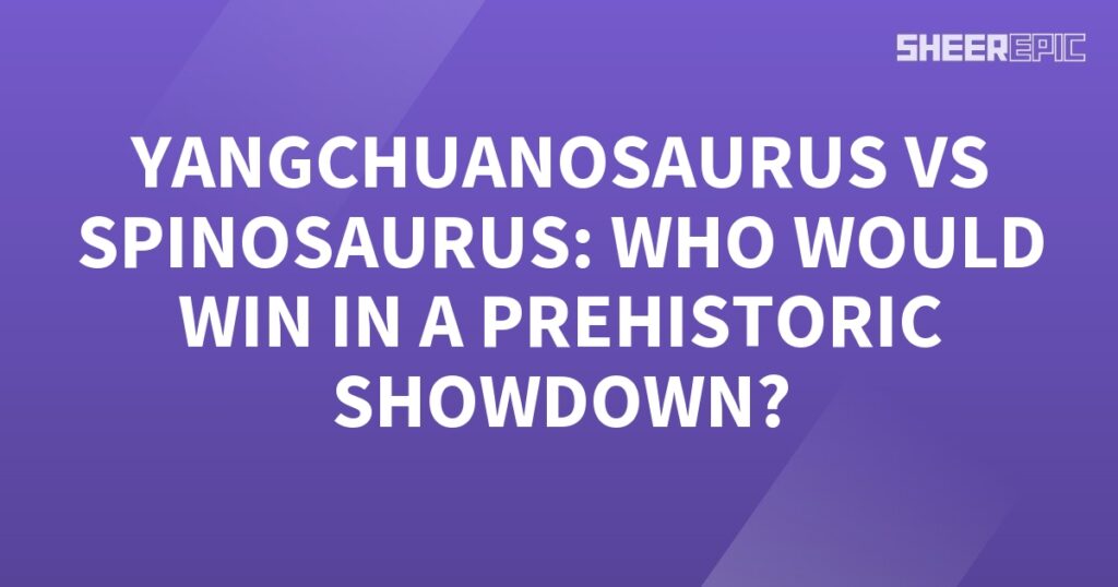 A purple background featuring a yangchuanosaurus versus spinosaurus in an epic prehistoric showdown.