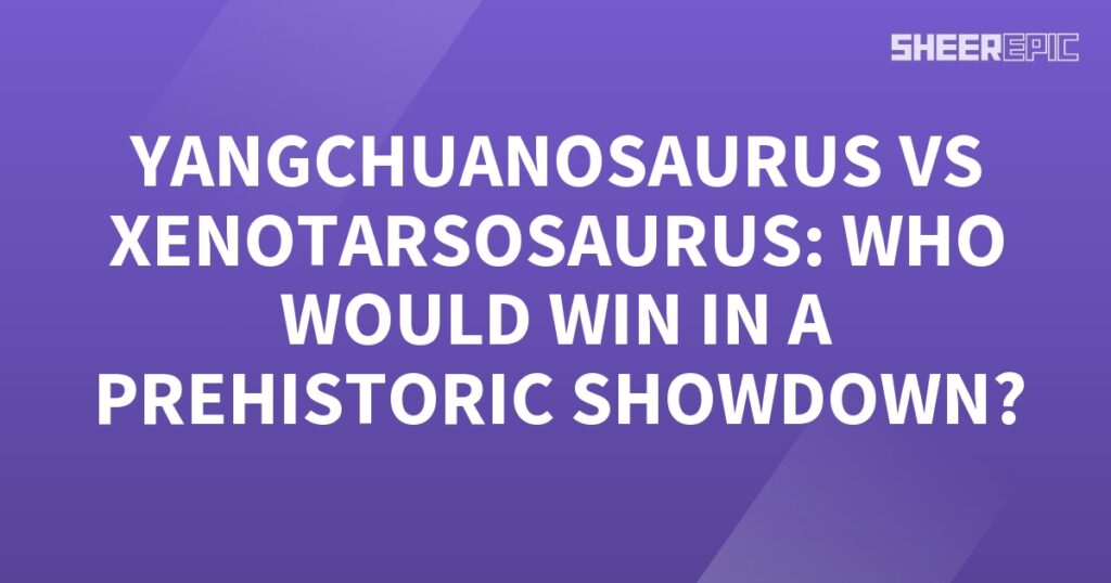 A prehistoric battle between the Yangchuanosaurus and Xenotarsosaurus, with a purple background.