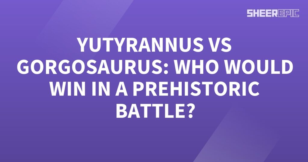 A prehistoric battle scene featuring a Gorgosaurus and Yutyrannus on a purple background with white text.