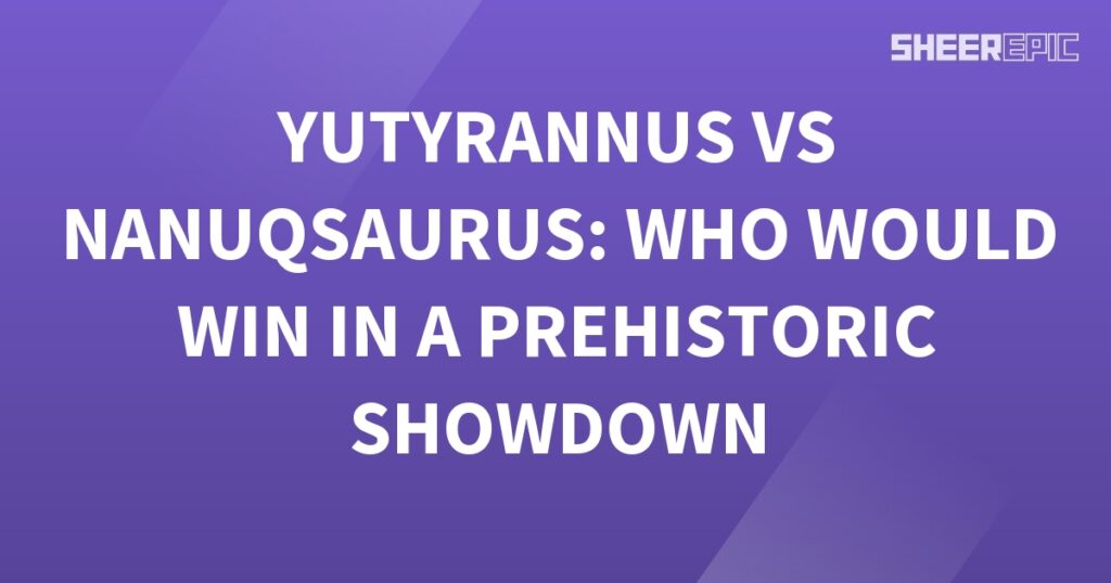 A purple background with white text, showcasing a prehistoric showdown between Yutyrannus and Nanuqsaurus.