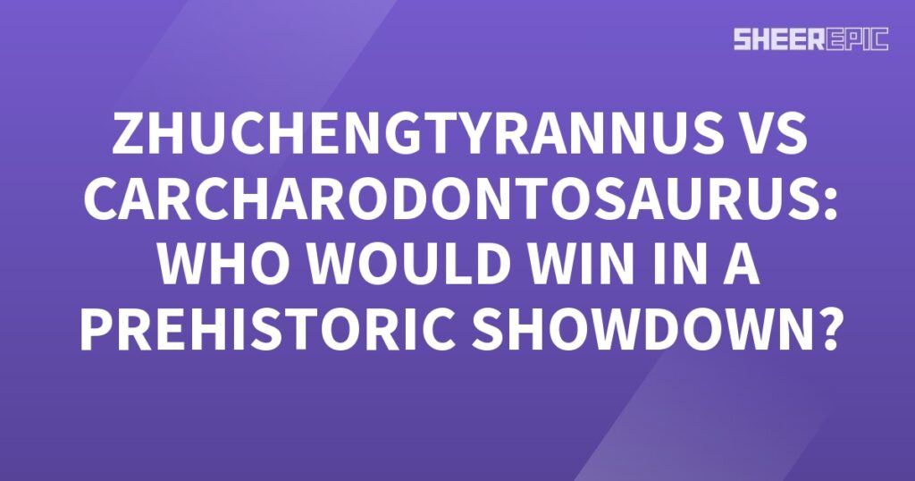 A Prehistoric Showdown between Zhuchengtyrannus and Carcharodontosaurus on a purple background.