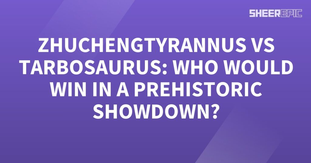 A Prehistoric Showdown between Zhuchengtyrannus and Tarbosaurus on a purple background featuring the question, "Who would win?